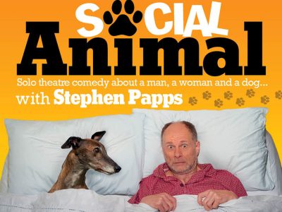dog and man in bed comedy show poster